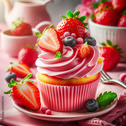 Delicious Strawberry Cupcake with Pink Frosting and Fresh Fruit Topping