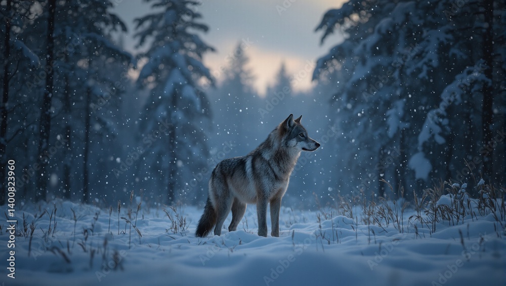 Naklejka premium Majestic gray wolf in snowy twilight forest a scene of mystical beauty with softly falling snowflakes