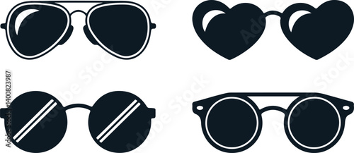 Illustration of Four Distinct Sunglasses Silhouettes in Minimalist Black Vector Style for Fashion and Summer Design Elements