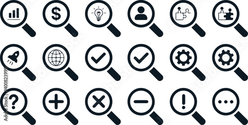 Minimalist Magnifying Glass Icons Collection in Black Vector Style for Search, Zoom, and User Interface Design
