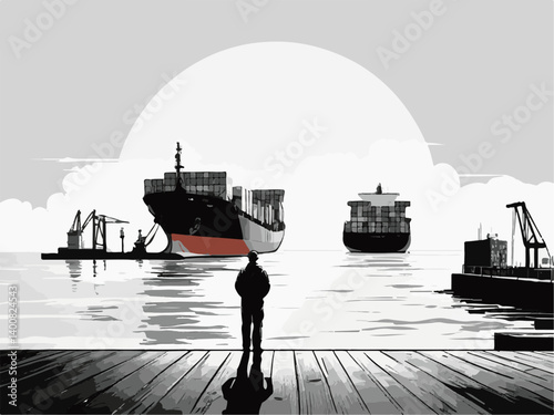 Dock Workers and Maritime LifeSailor Observing Cargo Ships Under Sunset with Tranquil Waters