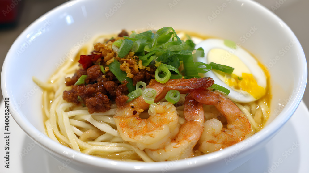 Delicious bowl of thin wheat noodles with shrimp, ground meat, green onions, and a soft boiled egg in light broth