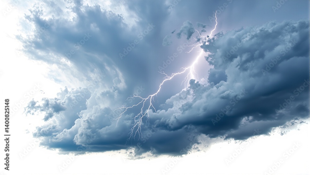 Fototapeta premium Dramatic stormy sky with dark swirling clouds streaks of lightning and chaotic patterns on a white backdrop