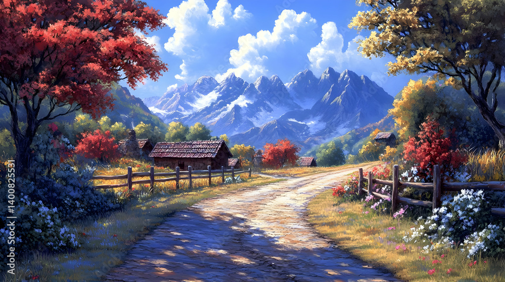 Scenic Mountain Landscape with Winding Stone Road and Autumn Foliage Under a Blue Sky with White Clouds in a Rural Setting