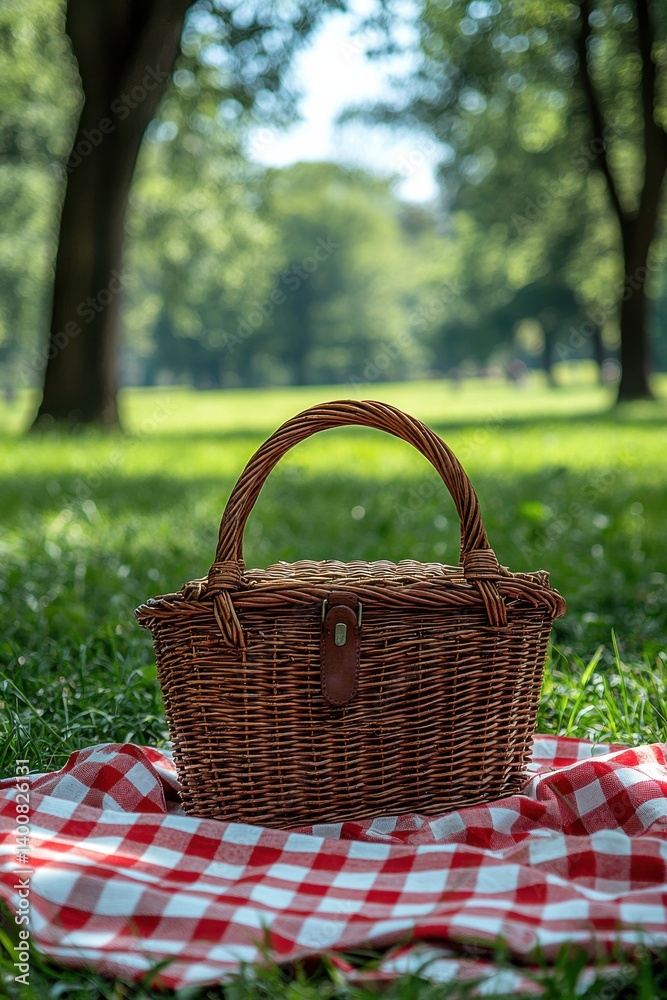 Wicker picnic basket on red checked blanket in a sunny park setting Wicker picnic basket on red checked blanket in a sunny park setting
