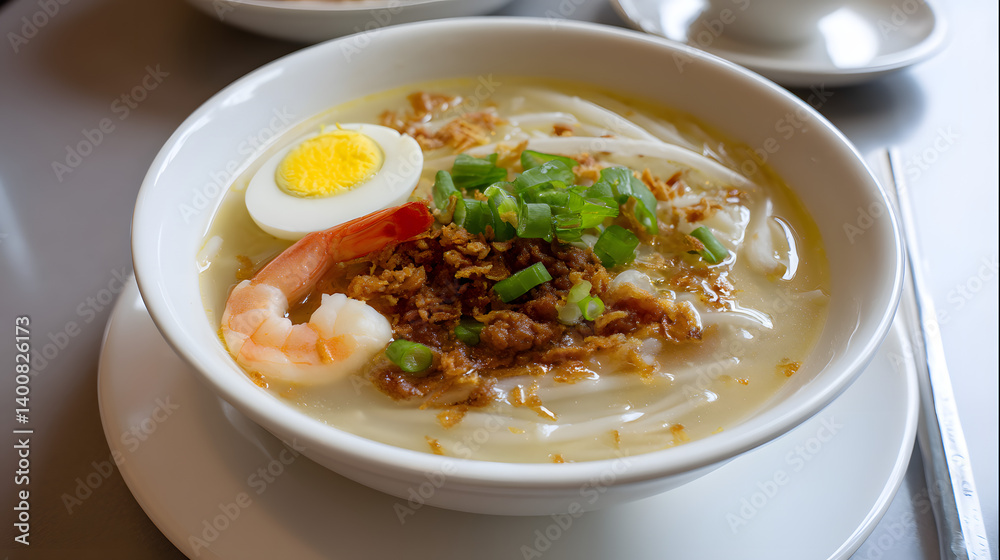 Delicious bowl of thin wheat noodles served in light broth with shrimp, egg, and green onions garnished on top Delicious bowl of thin wheat noodles served in light broth with shrimp, egg, and green onions garnished on top