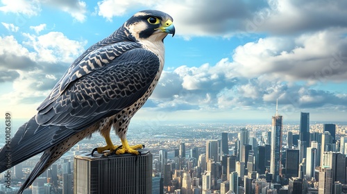Falcon Perched on Skyscraper Overlooking Cityscape Against Cloudy Sky