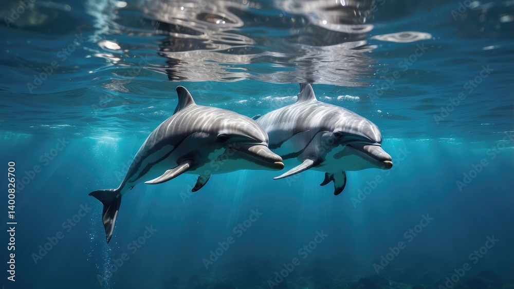 Fototapeta premium Two dolphins swimming in clear blue ocean water with sunlight streaming through the surface