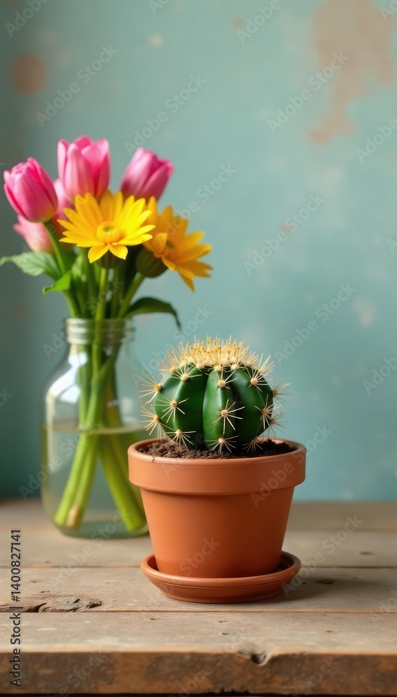 Potted cactus on a reclaimed wood table with a vase of wildflowers, reclaimed wood, plants, vases Potted cactus on a reclaimed wood table with a vase of wildflowers, reclaimed wood, plants, vases