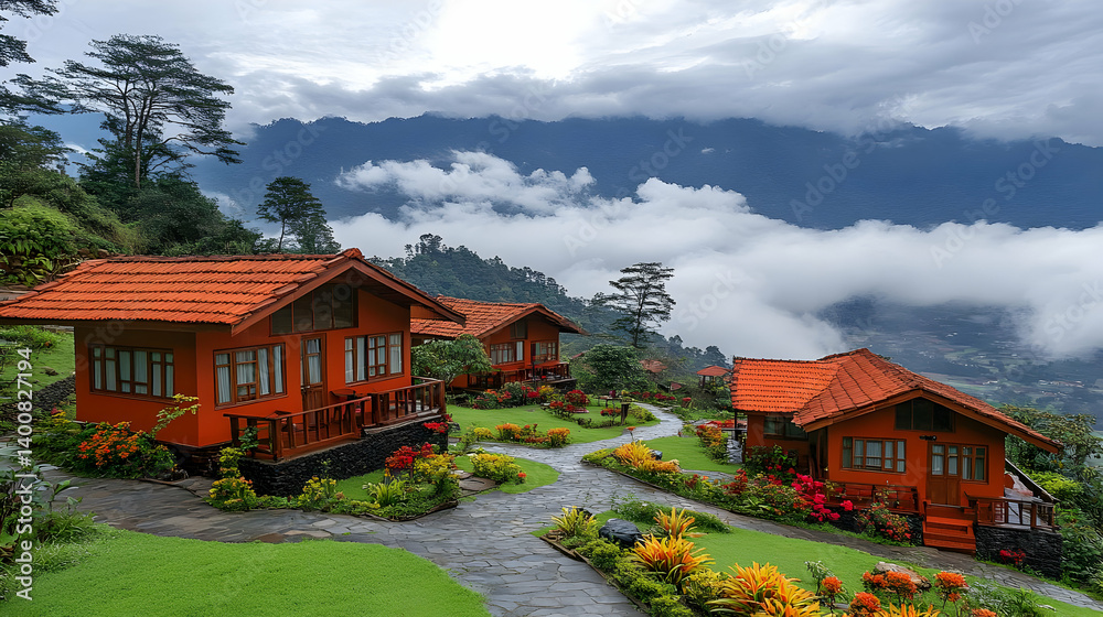 Scenic Mountain Resort Featuring Orange Bungalows Green Lawns and Lush Gardens Under Cloudy Sky During Daytime