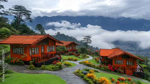 Obraz na płótnie Scenic Mountain Resort Featuring Orange Bungalows Green Lawns and Lush Gardens Under Cloudy Sky During Daytime w salonie
