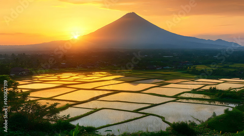 Obraz na płótnie Scenic Mountain View at Sunset over Rice Fields with Golden Light Reflecting in Water and Hilly Horizon in a Rural Landscape w salonie