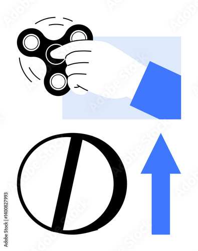 Hand spinning fidget spinner motion, bold prohibition sign, upward arrow. Ideal for focus, restriction, progression, productivity, activity decision-making motivation. Flat simple metaphor