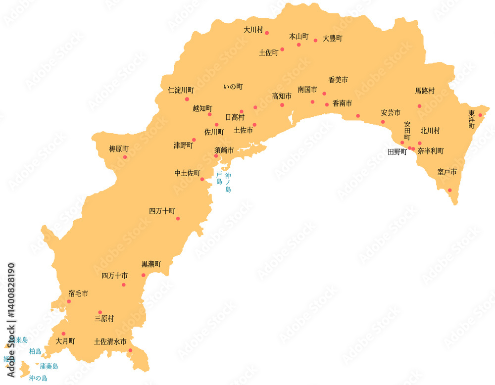 Obraz premium 高知県 地図 オレンジ 斑点 イラスト