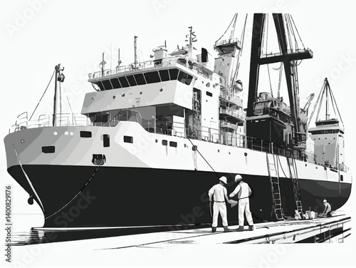 Dock Workers and Maritime LifeIndustrial Cargo Ship with Dock Workers Engaging in Loading Operations