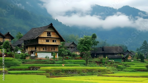 Obraz na płótnie Scenic Mountain Village Landscape Featuring Traditional Asian Houses Green Rice Terraces and Overcast Sky with Rolling Hills w salonie