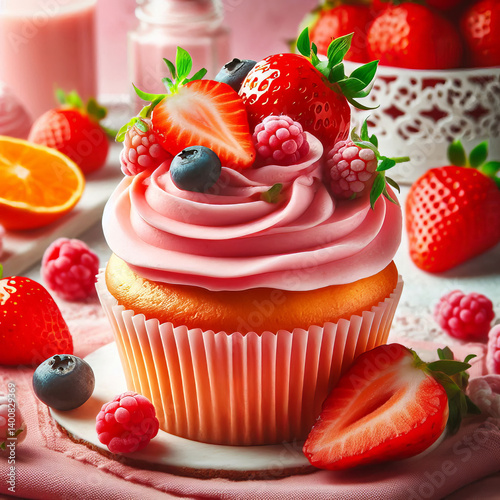 Delicious Strawberry Cupcake with Pink Frosting and Fresh Fruit Topping