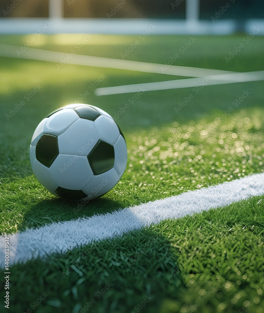 Fototapeta premium Soccer ball resting on the vibrant green field at sunset, ready for an exciting match or practice session of the beloved sport