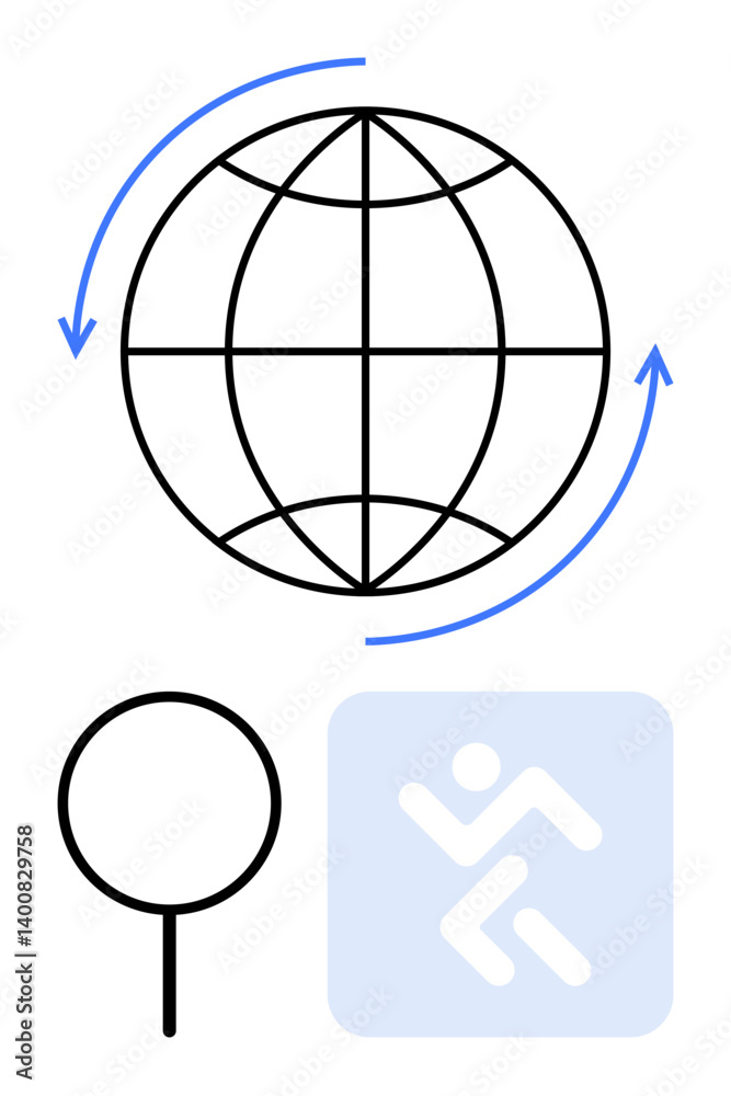 Globe surrounded by curved arrows, a location marker, and a running figure symbol. Ideal for navigation, travel, exploration, globalization, connectivity mobility and progress. Flat simple metaphor Globe surrounded by curved arrows, a location marker, and a running figure symbol. Ideal for navigation, travel, exploration, globalization, connectivity mobility and progress. Flat simple metaphor