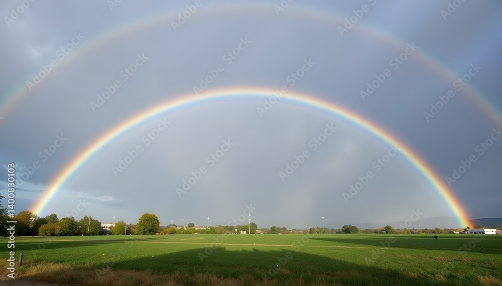 A complete semicircle, the rainbow reaches from one point on the horizon to the other. Its magnificence is amplified by the clear, crisp air following a heavy downpour