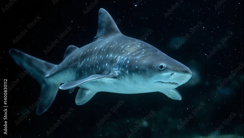 Obraz premium Ethereal ghost shark with translucent skin and bioluminescent spots drifting gracefully in deep clear water A mesmerizing underwater spectacle