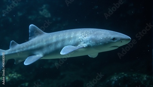 Ethereal ghost shark with translucent skin and bioluminescent spots drifting gracefully in deep clear water A mesmerizing underwater spectacle