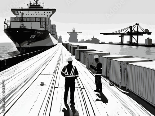 Dock Workers and Maritime LifeWorkers Inspecting Shipping Containers at Busy Cargo Port in Black and White