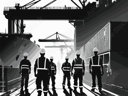 Dock Workers and Maritime Lifesilhouettes of workers in hard hats at a busy shipping dock during twilight