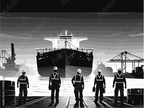 Dock Workers and Maritime LifeWorkers Observing Cargo Ship Arrival at Busy Port in Monochrome Style