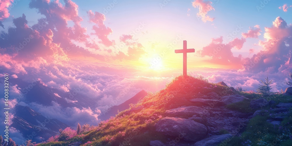 Obraz premium Sunrise view over clouds with silhouette of a cross on a mountain