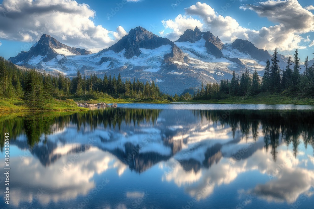 Fototapeta premium A picturesque mountain range reflected in a serene lake under a cloudy blue sky landscape view