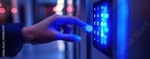 Fingerprint scan for secure access on a glowing high-tech panel