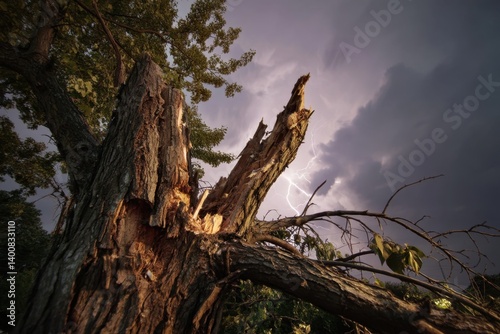 A colossal tree exhibits splintered bark and scattered limbs, illuminated by the lingering glow of a recent lightning strike against a dramatic, stormy sky.