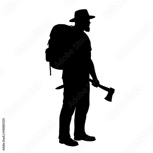 Silhouette man with backpack holds axe ready for outdoor adventure activities
