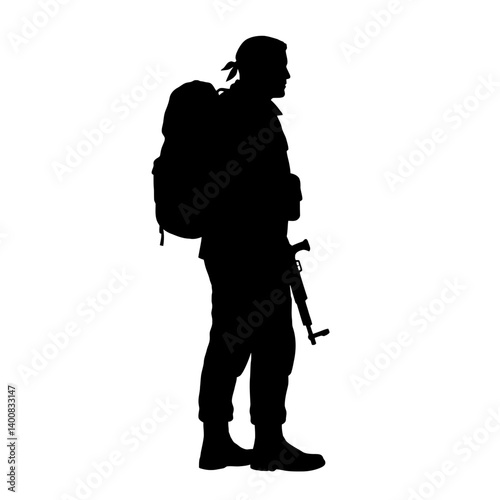 Silhouette soldier carrying rifle stands ready wearing backpack isolated on white background military personnel