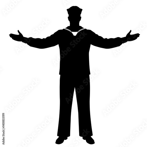 Sailor silhouette stands welcoming gesturing with open arms on white background