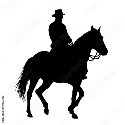 Cowboy riding horse silhouette presents equestrian sport in monochrome design style ideal for western themes