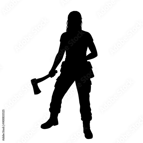 Lumberjack silhouette holds axe standing strongly against a white isolated background