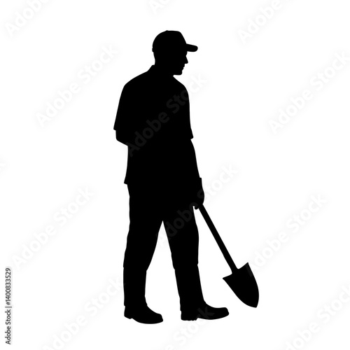 Gardener silhouette is standing holding shovel tool in a white background