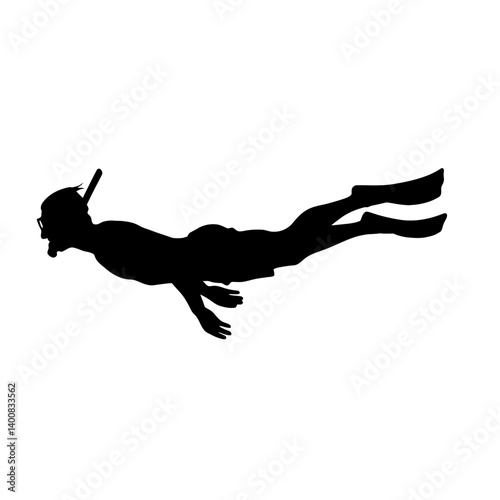 Diver silhouette swims underwater using snorkeling gear in monochrome illustration