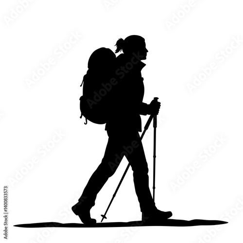 Hiker silhouette walks using trekking poles outdoors adventure and exploration