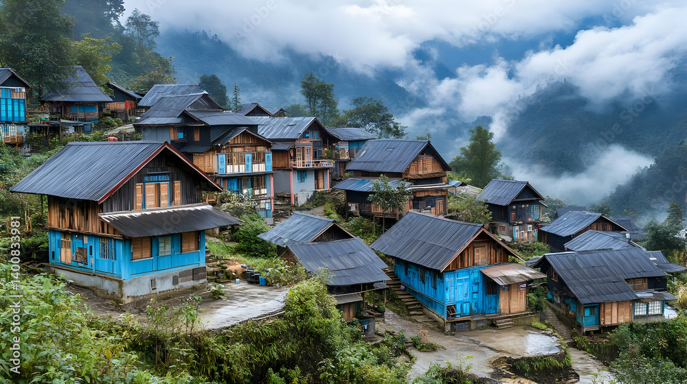 Scenic Mountain Village With Blue Accented Wooden Houses Amongst Verdant Green Vegetation and Overcast Sky Peaceful Rural Setting