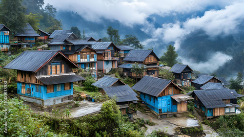 Obraz na płótnie Scenic Mountain Village With Blue Accented Wooden Houses Amongst Verdant Green Vegetation and Overcast Sky Peaceful Rural Setting w salonie