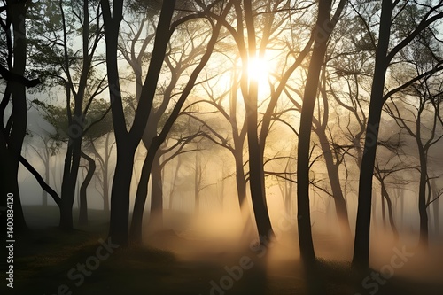 Branches of trees, backlit with sunlight shining through, mist is glowing softly, sunset in the forest, forest background