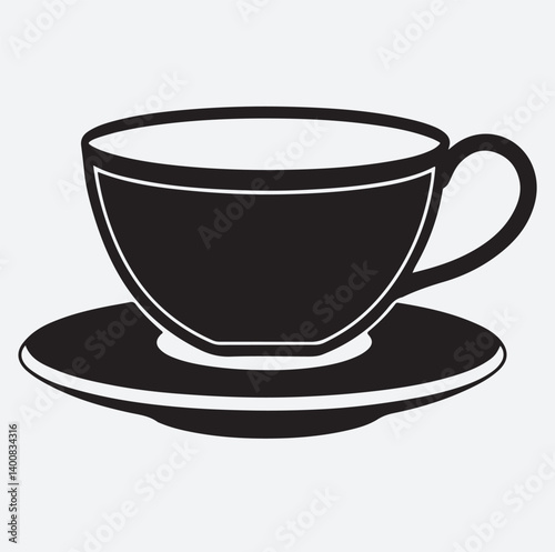tea cup with saucer silhouette vector art illustration, black cup of coffee