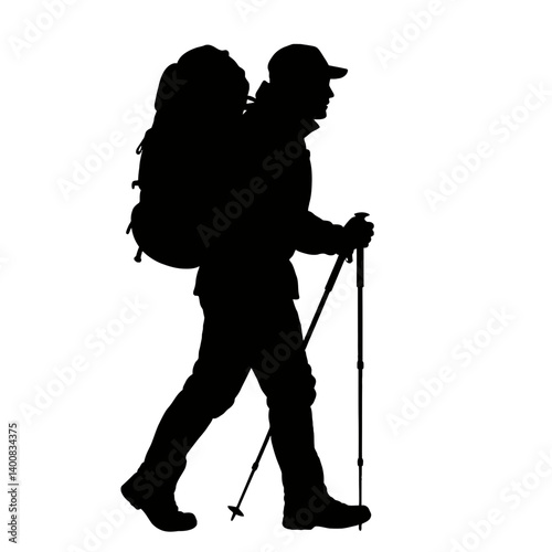 Hiker silhouette walks using trekking poles on a white background ideal for outdoor adventure themes