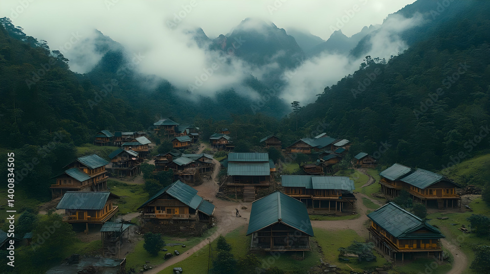 Scenic Mountain Village with Lush Greenery and Overcast Sky Featuring Traditional Wooden Houses and Misty Landscape in Natural Environment