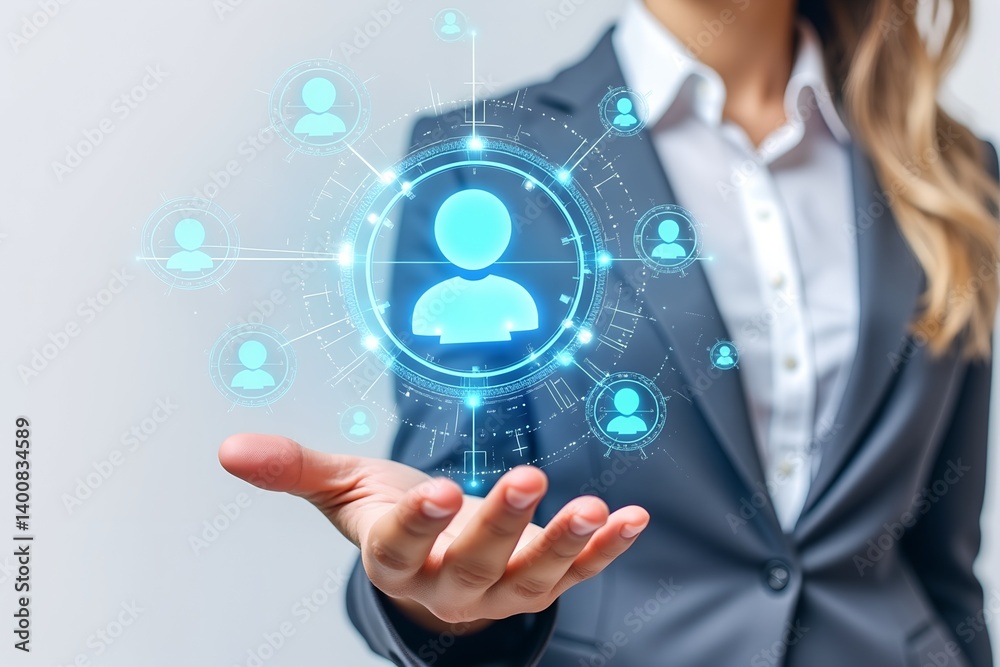 Businessman holding floating holographic user interface with abstract profile icons. High-tech network visualization on white background. Businessman holding floating holographic user interface with abstract profile icons. High-tech network visualization on white background.