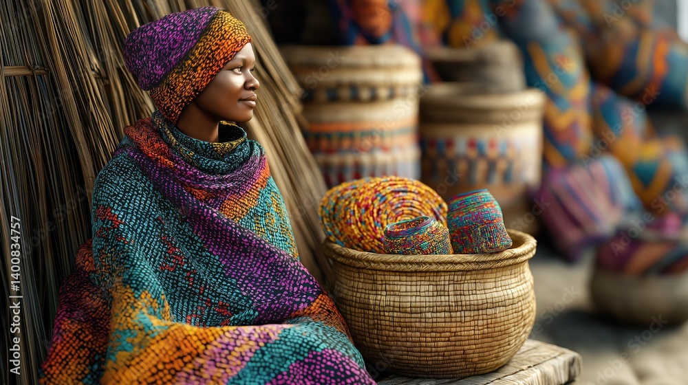 Fototapeta premium Woman in vibrant traditional clothing amidst colorful handcrafted baskets