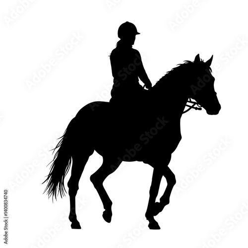 Horseback riding shows a rider silhouetted riding a horse in motion against a white backdrop